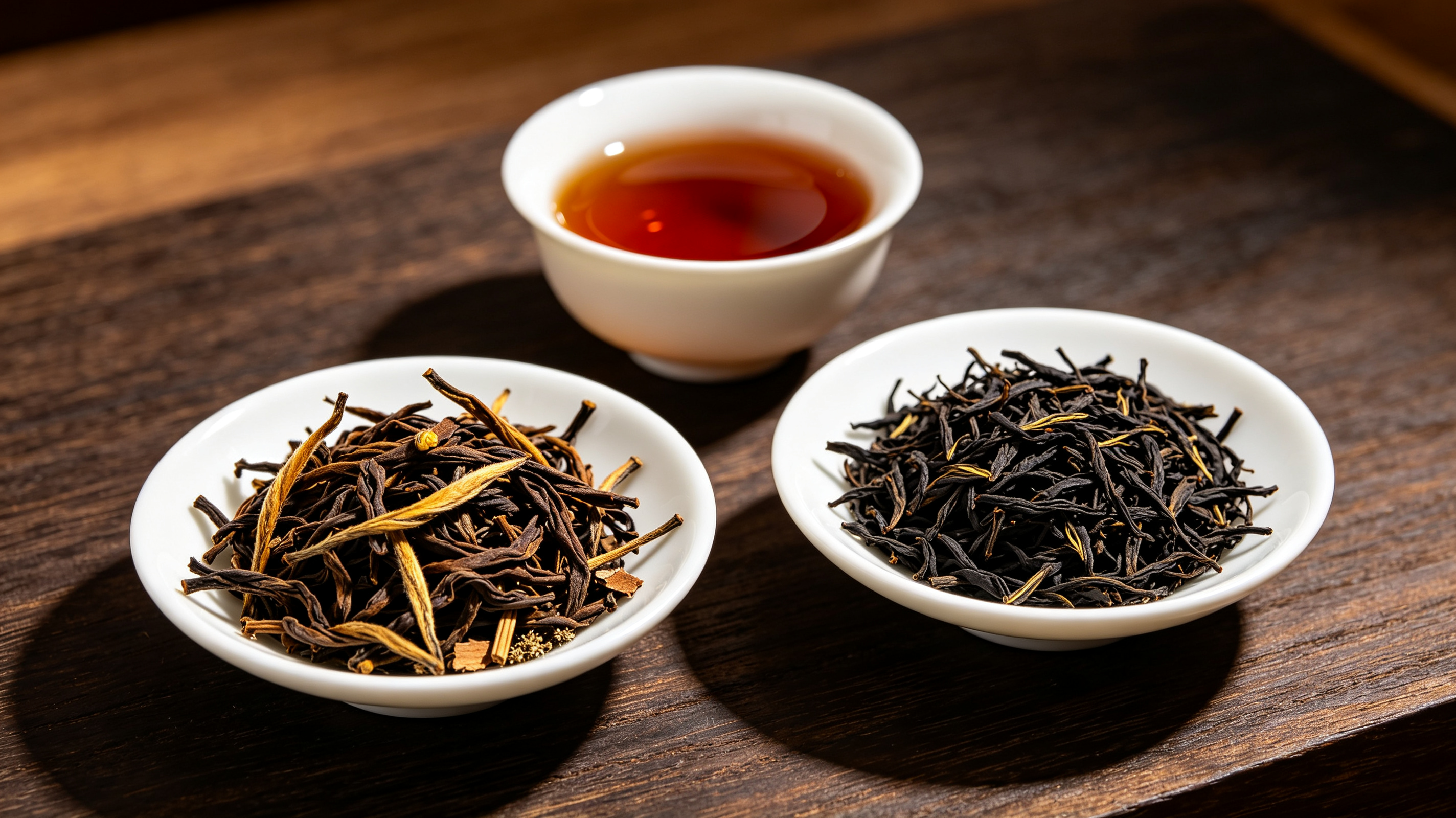 Chinese black tea leaves with golden tips and amber-red tea