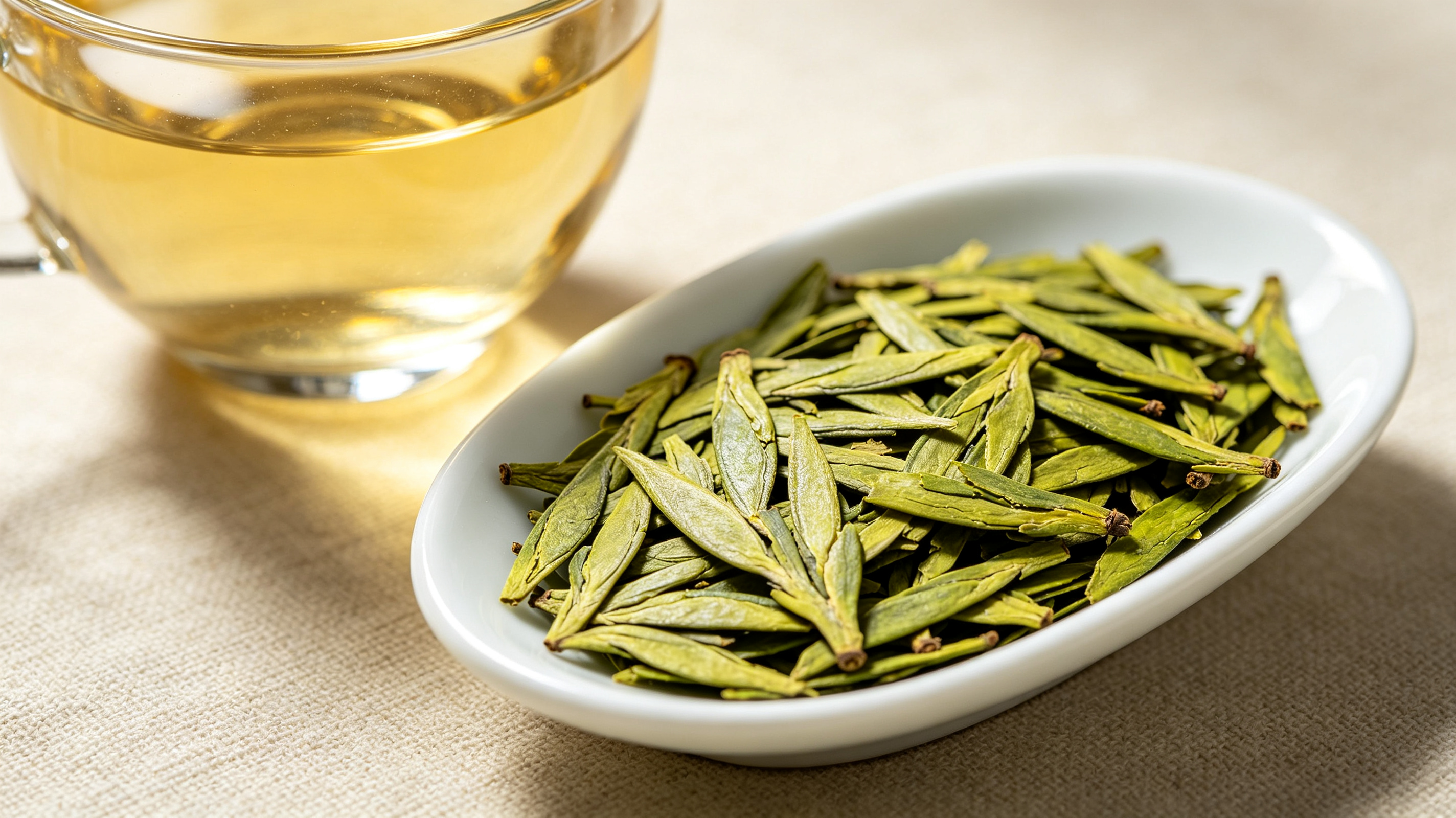 Authentic Longjing Dragon Well tea leaves and brewed tea