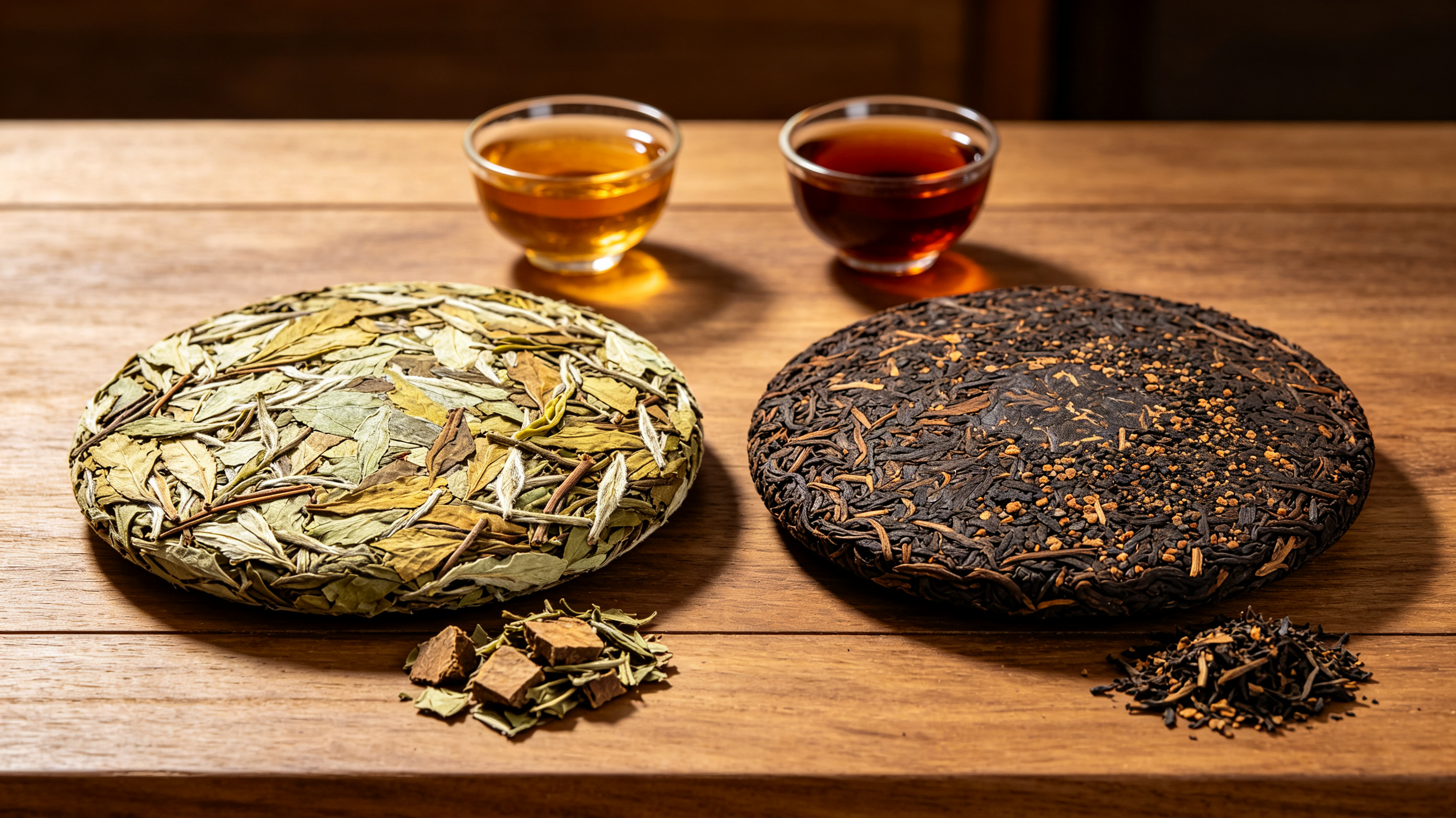 Raw and ripe pu-erh tea cakes with loose leaves and cups