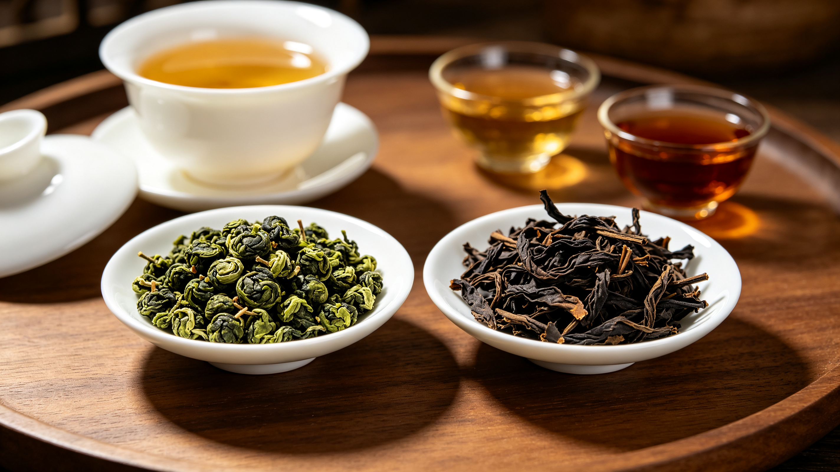 Oolong Tea for Beginners - From Floral to Roasted Styles 1 Rolled and twisted Chinese oolong tea leaves with brewed tea