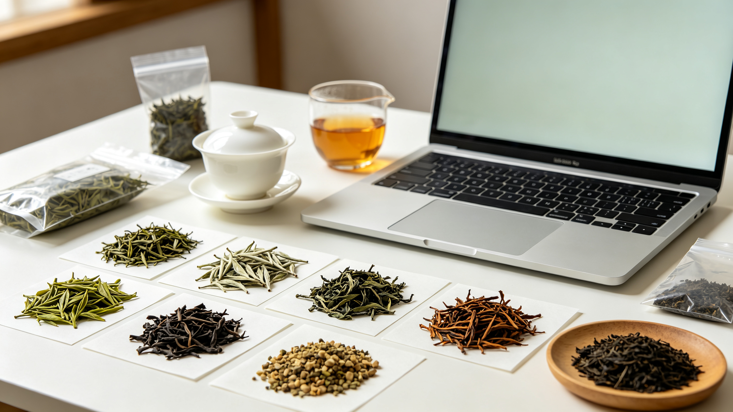 Online Chinese tea buying scene with tea samples and laptop