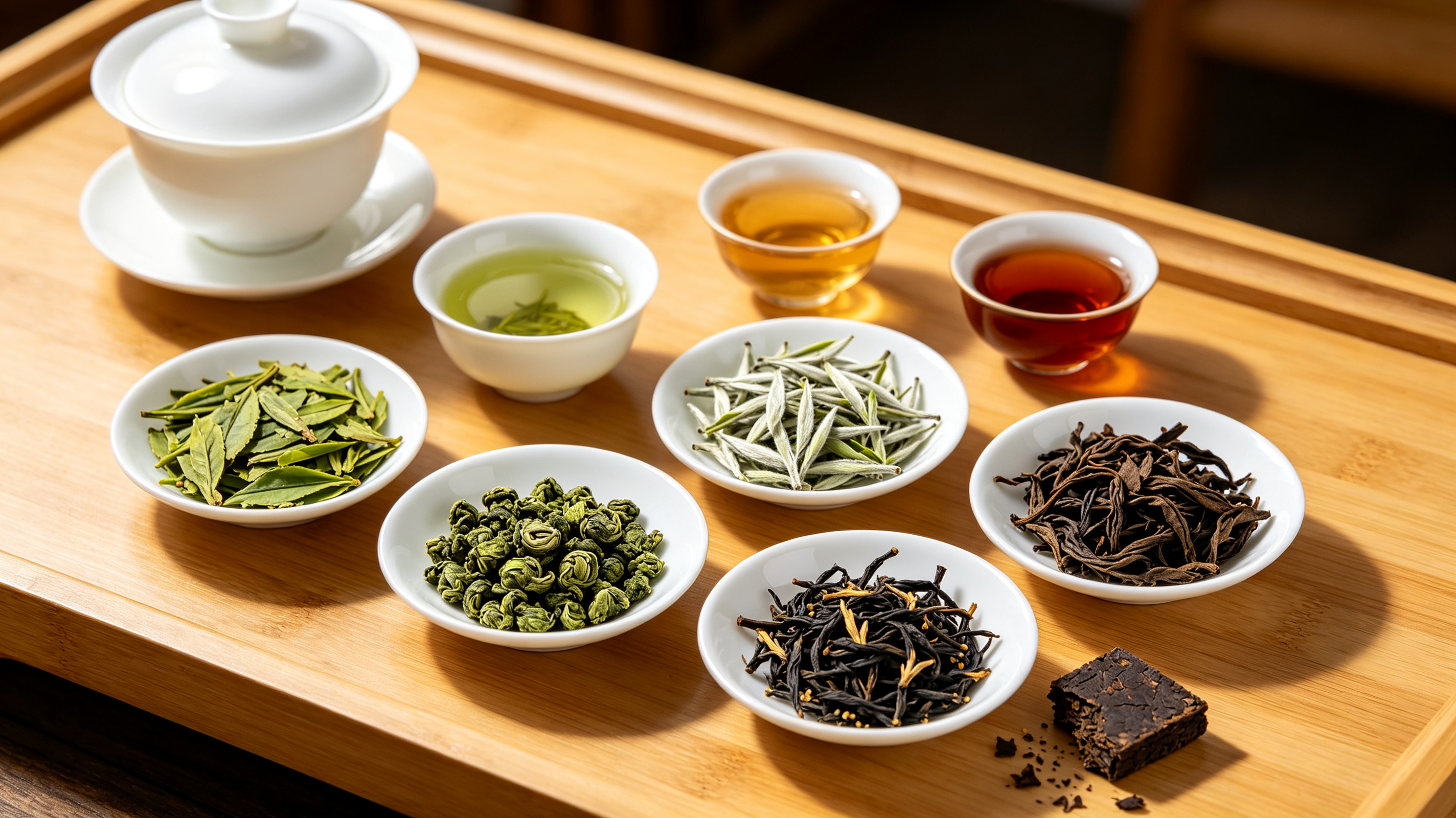 Understanding Chinese Tea and the Major Types Worth Trying 1 Chinese tea types with clearly different loose leaves and tasting cups
