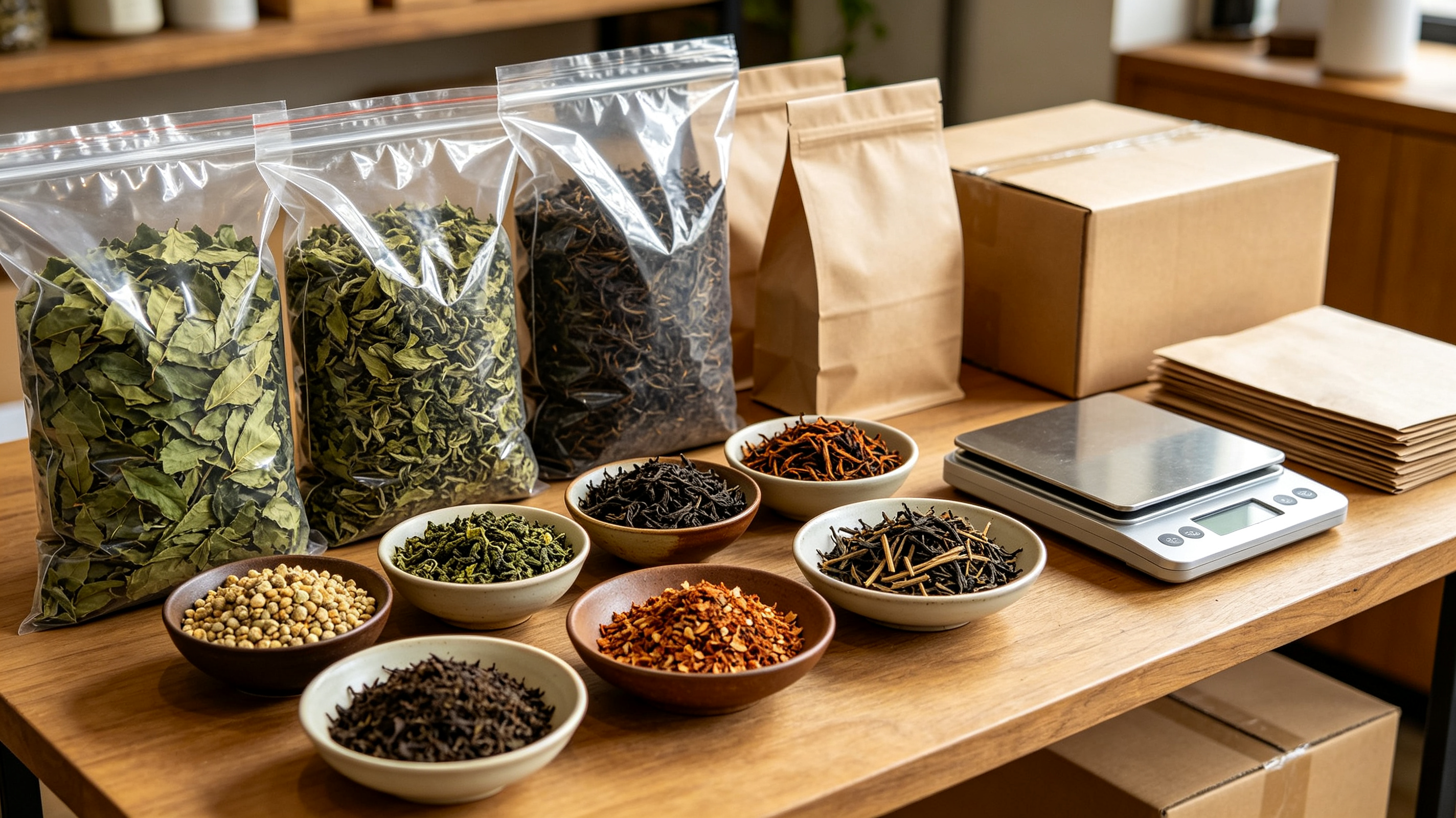 Bulk tea buying setup with samples packaging and scale