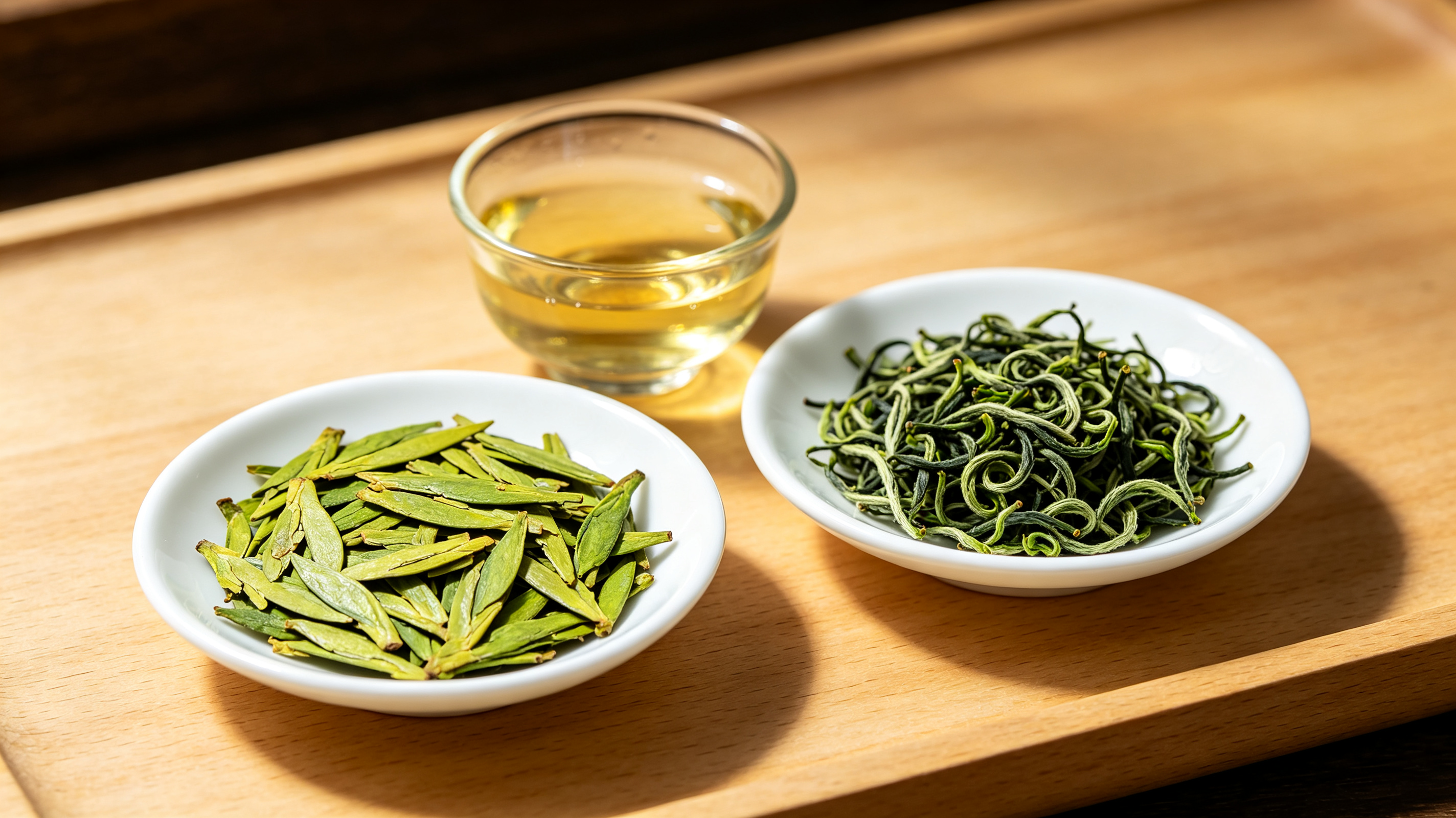 Chinese green tea leaves with Longjing-style flat leaves and brewed tea