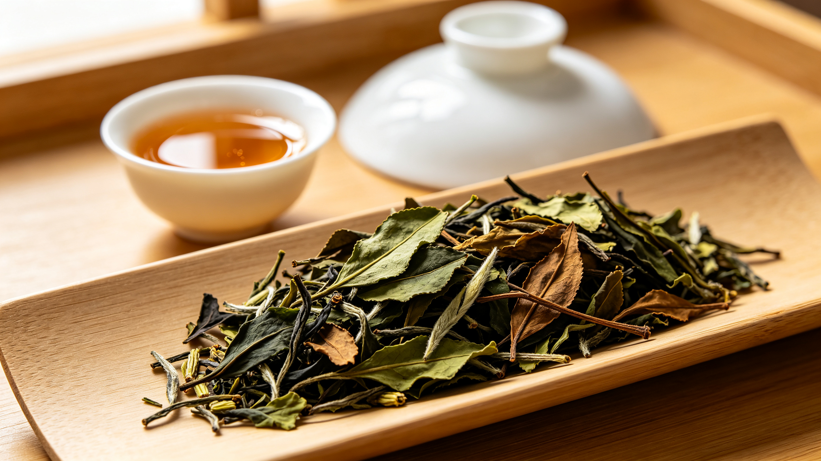 Loose leaf tea with intact leaf texture beside a gaiwan